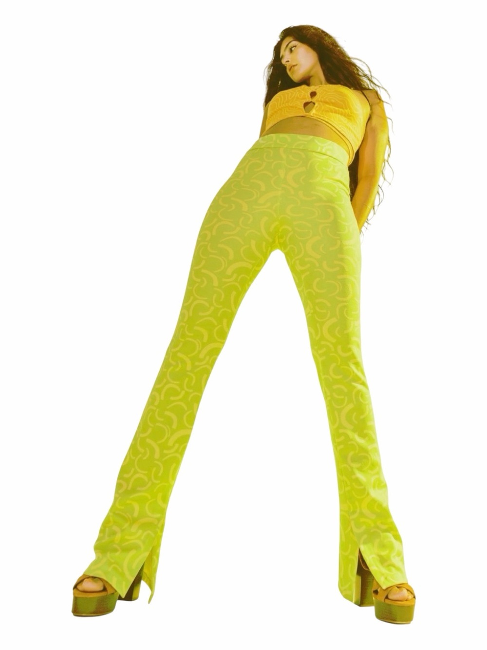 Zara High-Rise Lime Green Patterned Flare Pants